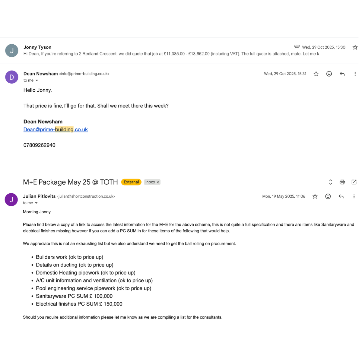 Email threads showing AMP's commercial work — a quote accepted at 2 Redland Crescent and an M+E package brief for a larger commercial scheme.
