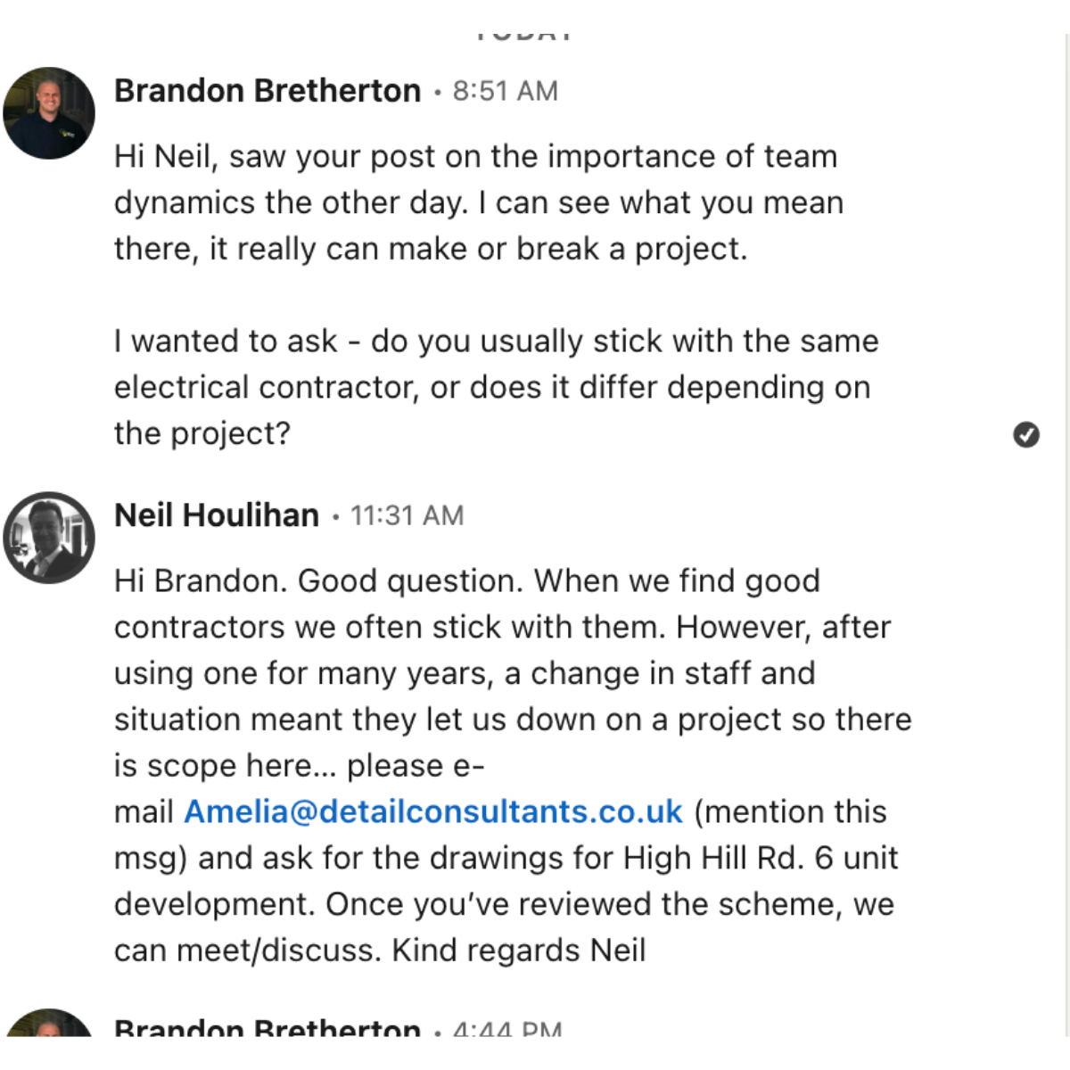 LinkedIn outreach from AMP to a commercial contractor, opening a conversation that led to a live opportunity.