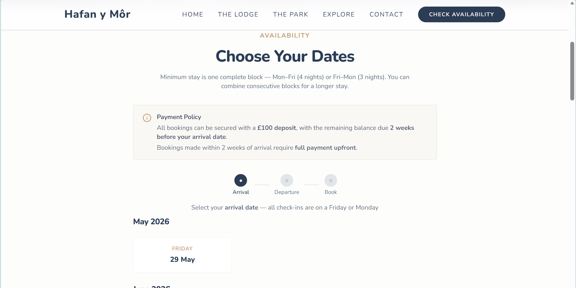 Hafan y Môr booking page: 'Choose Your Dates' calendar with arrival / departure / book step indicator, a payment policy box explaining £100 deposit and balance due 2 weeks before arrival, and a list of available stay blocks (Mon–Fri and Fri–Mon).