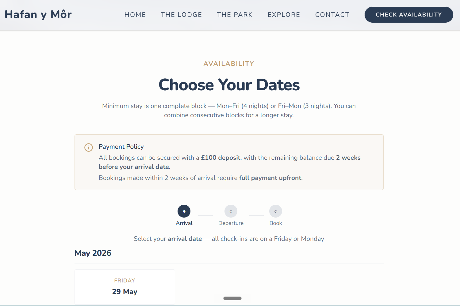 Hafan Y Mor booking calendar