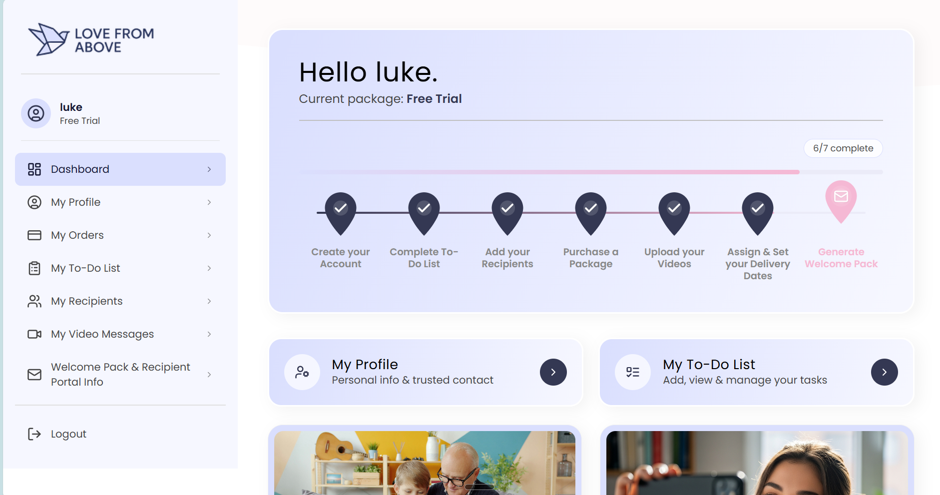 Love From Above customer dashboard — the operational hub the team now runs on their own.
