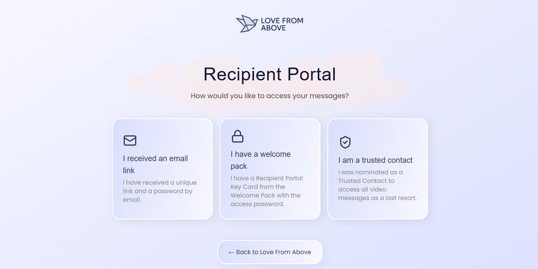 Love From Above recipient portal — one of six joined-up modules shipped during the 90-day roadmap.