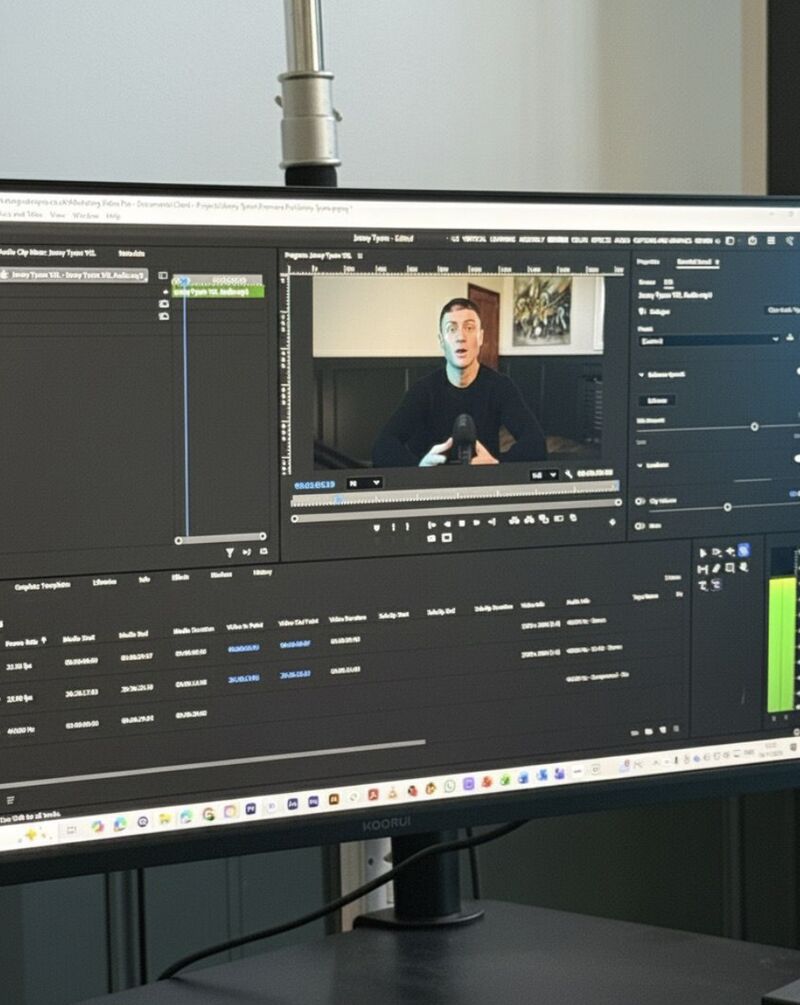 Premiere Pro timeline editing a workshop module — Jonny on camera, audio track laid in, ready to ship to the client.